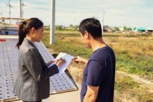 A woman in a blazer is holding a clipboard and writing while a man in a t-shirt points at the paper; they are standing outdoors near an open field.