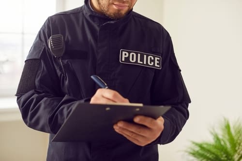 A police officer in uniform writes on a clipboard indoors, with a radio attached to the jacket and a plant visible in the background.