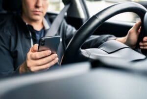 Charlotte Hit and Run Accident Lawyer - Payne Law Firm A person sitting in the driver’s seat of a car is holding a smartphone with one hand while steering with the other.
