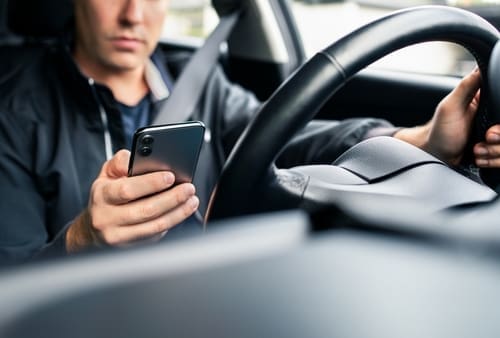 A person sitting in the driver’s seat of a car is holding a smartphone with one hand while steering with the other.