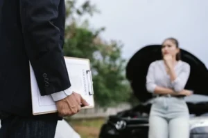 A person holding a clipboard stands near a woman leaning on a car with its hood open, suggesting a car trouble or inspection scenario.