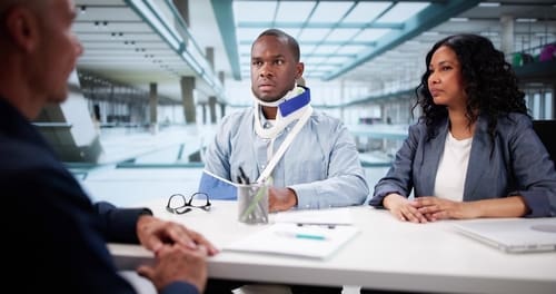 A man wearing a neck brace and arm sling sits at a desk with a woman, speaking to another person across from them in a modern office setting.
