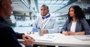 A man wearing a neck brace and arm sling sits beside a woman at a desk, talking to another man in an office setting.