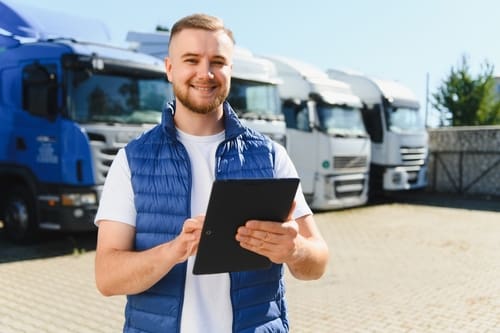 A man in a blue vest holds a tablet and smiles while standing in front of several parked trucks in a lot on a sunny day.