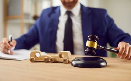 A person in a suit uses a gavel next to wooden toy cars on a desk, suggesting a legal decision related to automobiles.