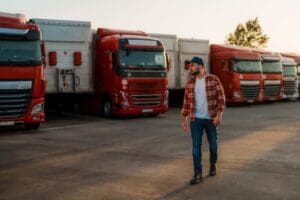 Charlotte Hit and Run Accident Lawyer - Payne Law Firm man in flannel shirt and cap walking in front of parked commercial trucks