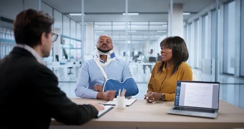 Man with a neck brace and arm sling sits beside a woman across from a professional in an office setting, with documents and a laptop on the desk.