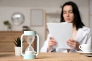 Charlotte Hit and Run Accident Lawyer - Payne Law Firm hourglass on desk with businesswoman reviewing document in background
