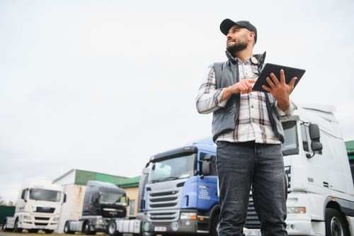 Bearded truck driver holding tablet beside parked semi trucks in loading yard