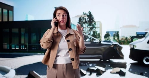 distressed woman making phone call at scene of vehicle collision