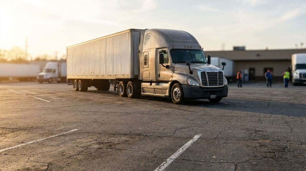 semi-truck with large trailer maneuvering through commercial truck stop lot