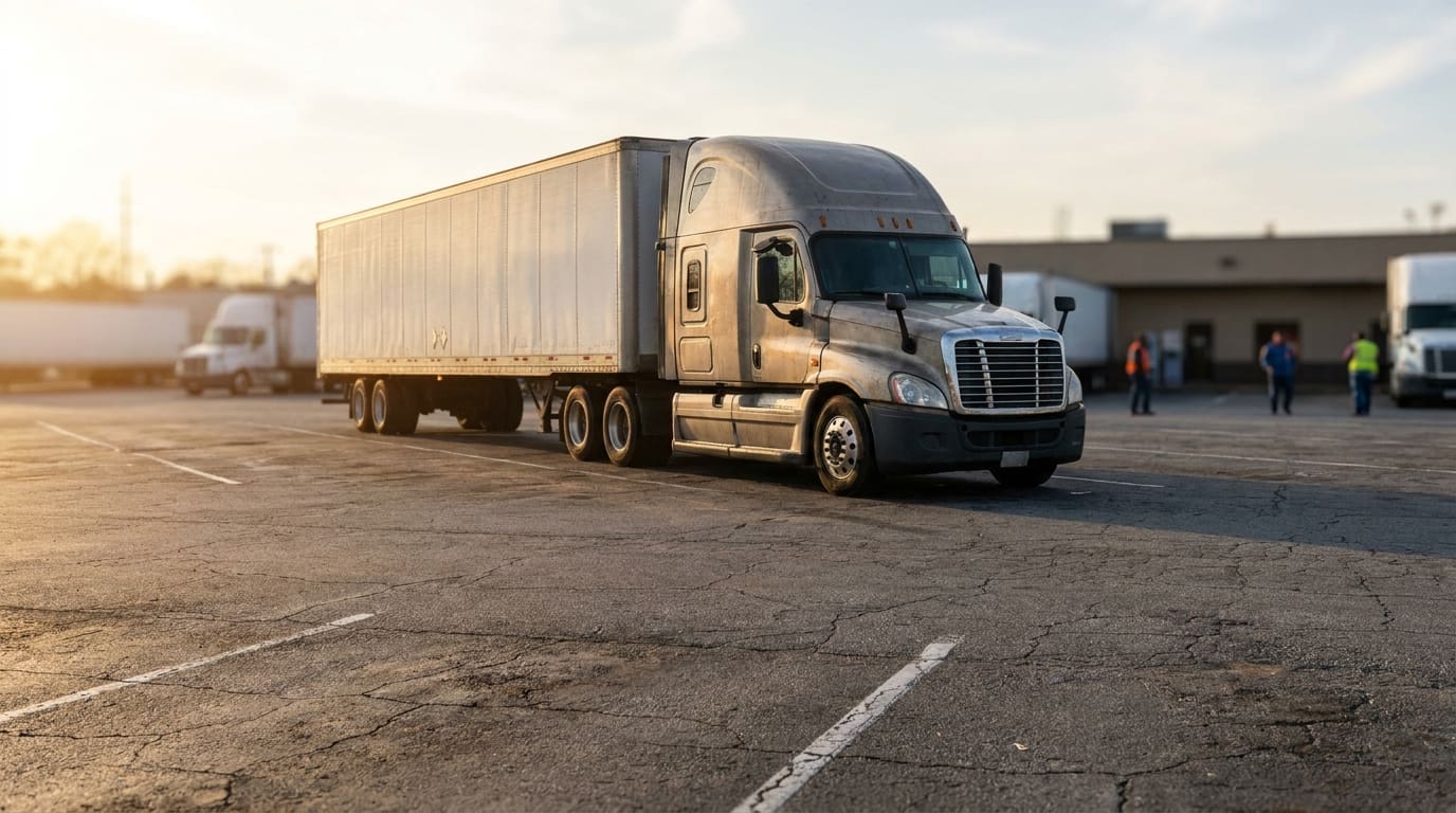 semi-truck with large trailer maneuvering through commercial truck stop lot