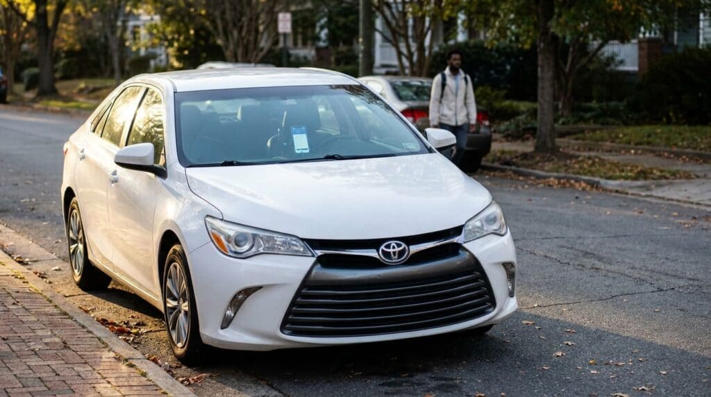 Toyota Camry sedan parked on residential street with rideshare phone mount visible