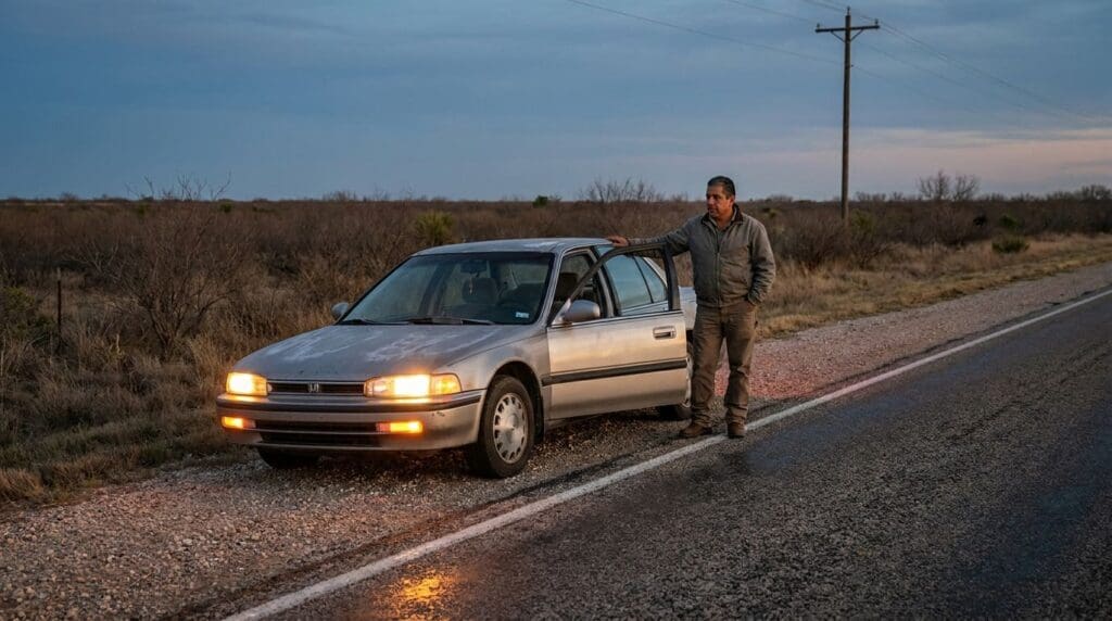 man standing beside stopped Honda sedan on rural roadside at dusk