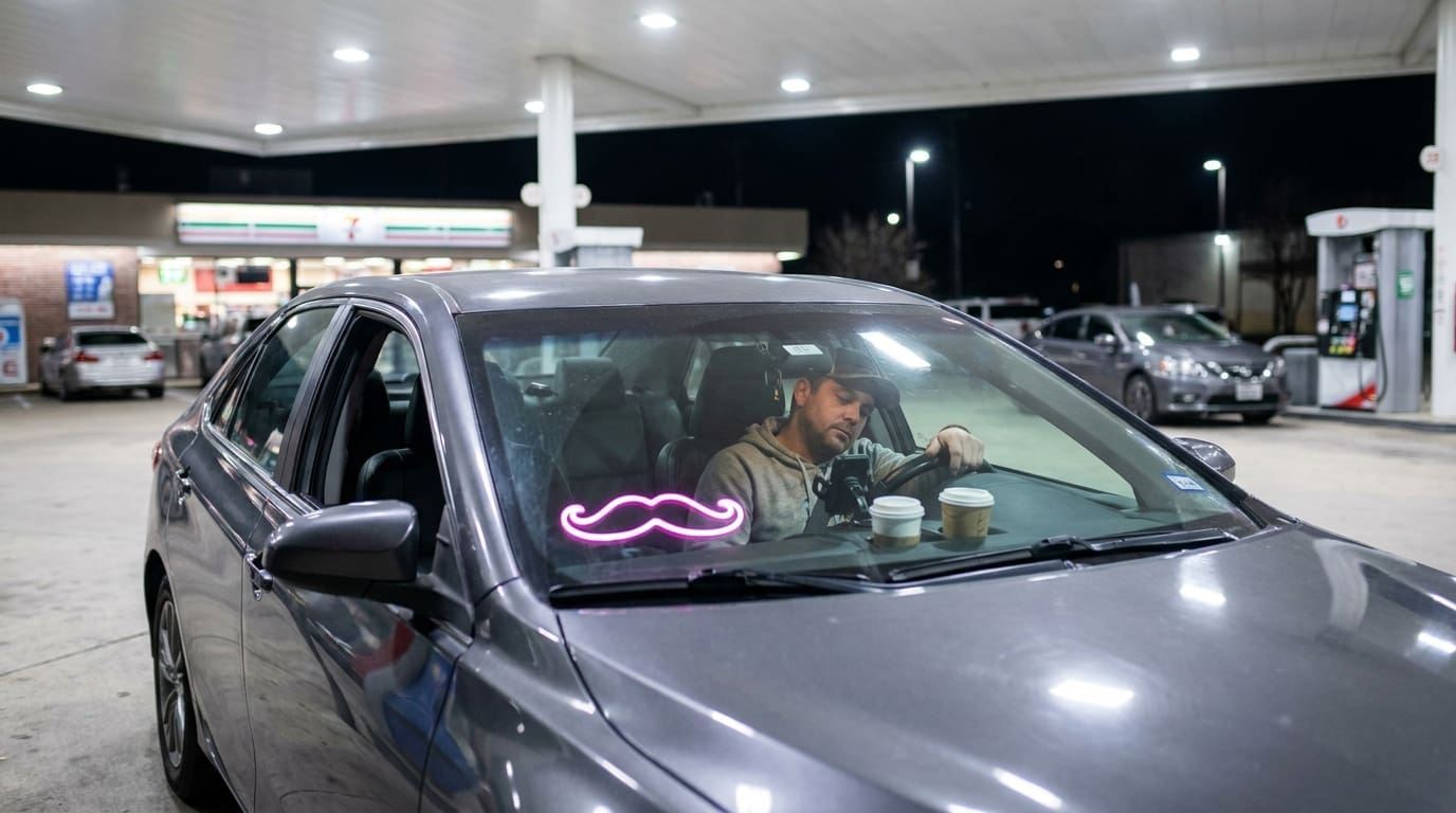Lyft driver looking at phone in parked car at gas station