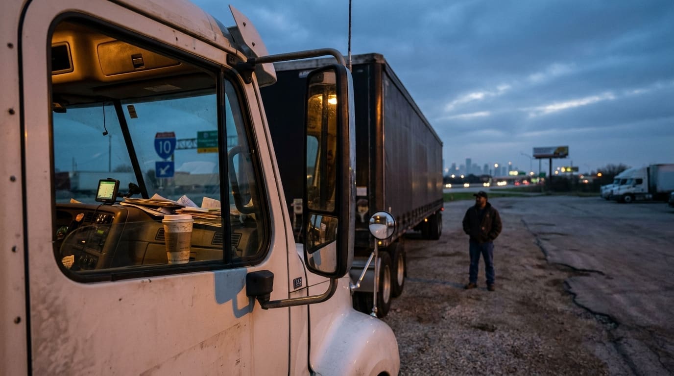 truck driver standing beside parked semi-truck cab with Interstate 10 sign visible