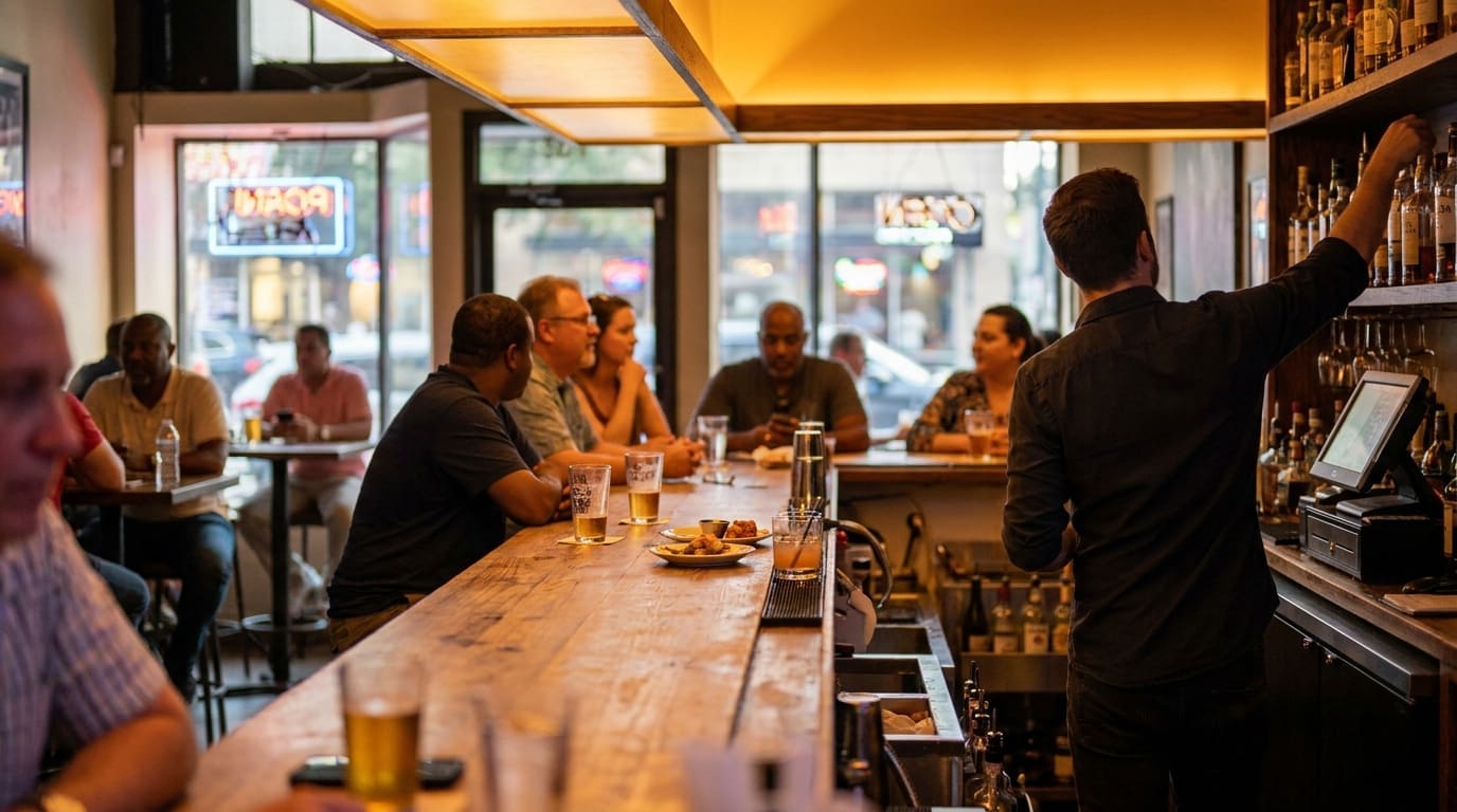 bartender reaching for bottles behind bar counter with seated patrons