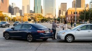 two drivers exchanging documents after rear-end collision on urban city street