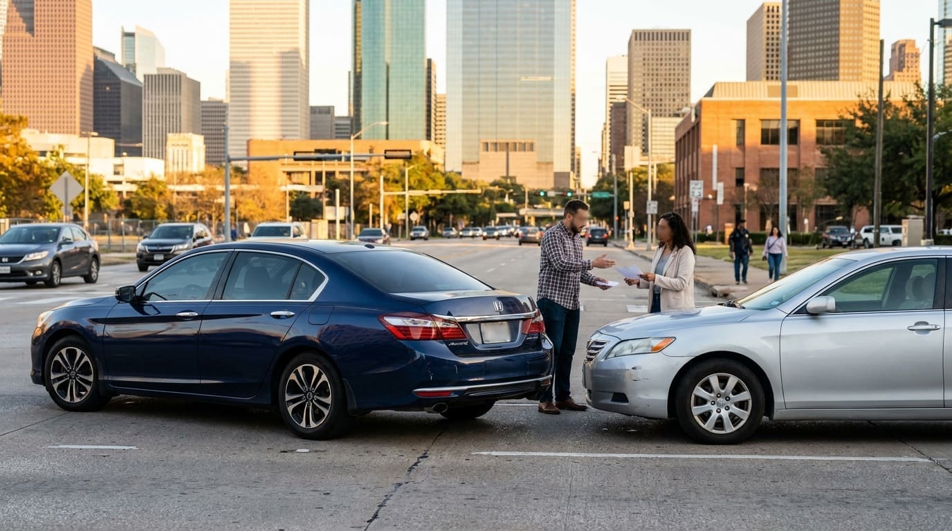 two drivers exchanging documents after rear-end collision on urban city street