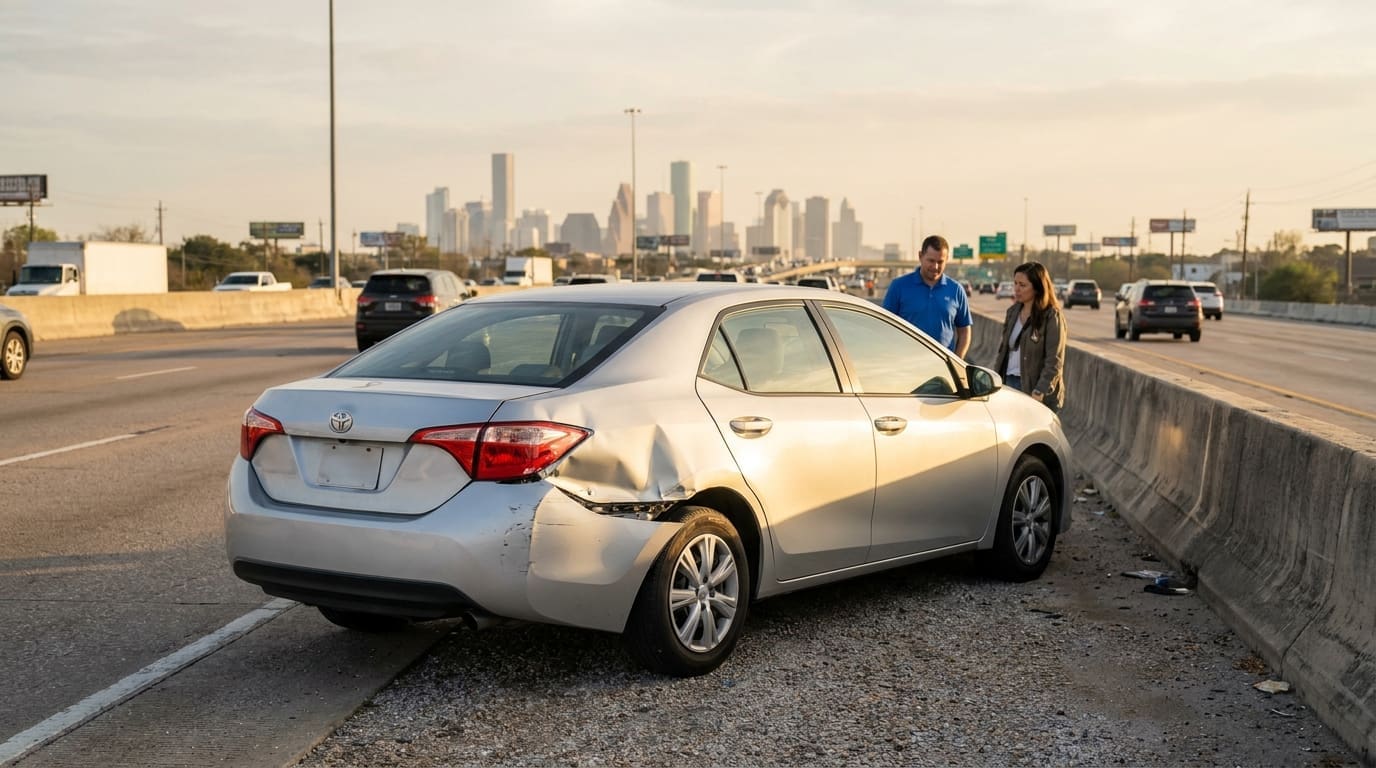two people inspecting damaged Toyota sedan after highway collision near concrete barrier