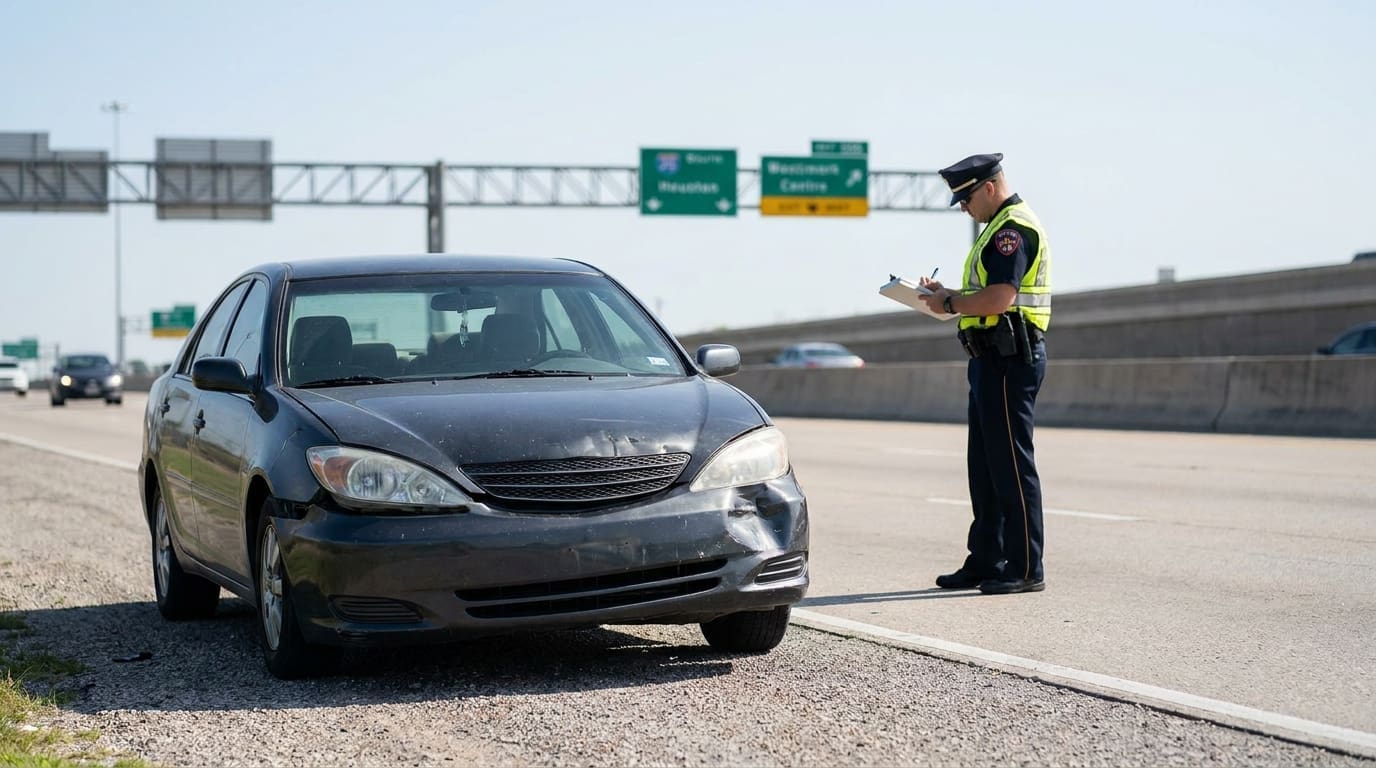 police officer writing report beside damaged sedan on highway shoulder
