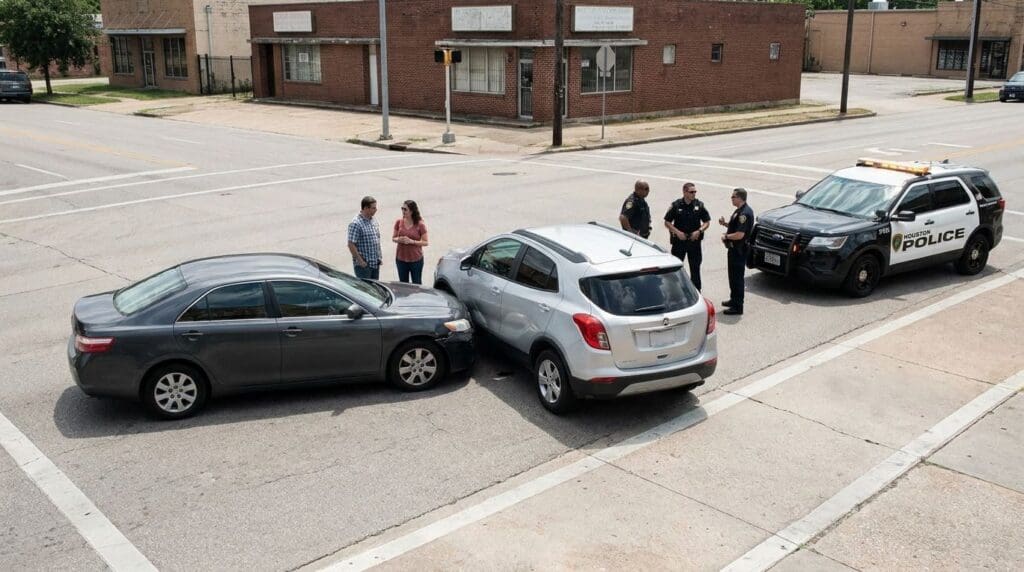 Houston Police officers responding to two-vehicle rear-end collision at intersection