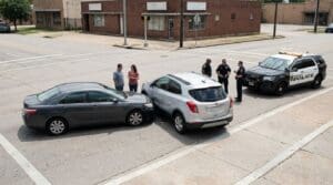 Houston Police officers responding to two-vehicle rear-end collision at intersection