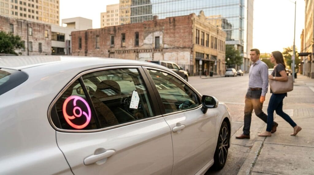 rideshare vehicle with glowing logo decal and navigation app on windshield as passengers approach