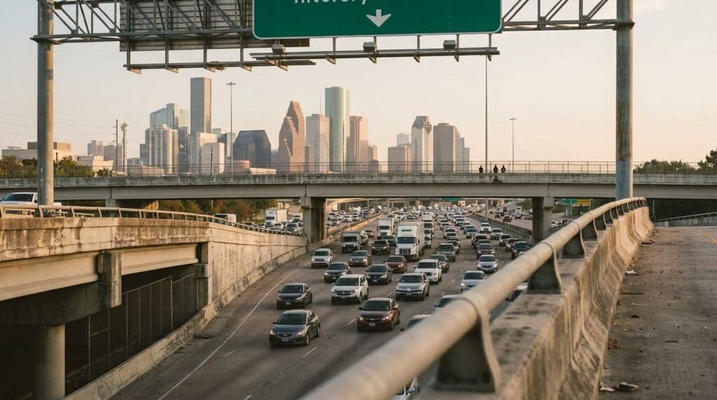heavy highway traffic with overhead interstate sign and Houston skyline in background