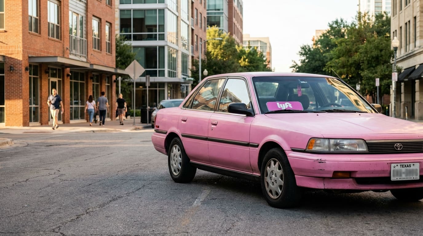 Lyft-branded Toyota sedan with Texas license plate parked on urban street