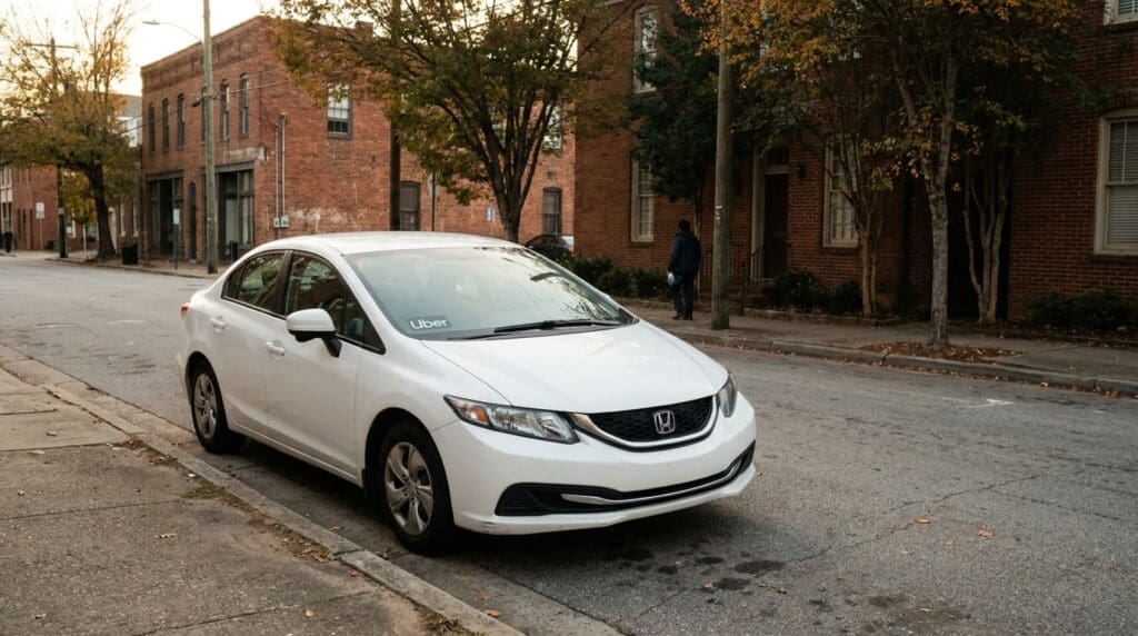 Honda sedan with Uber decal parked on urban street near brick buildings
