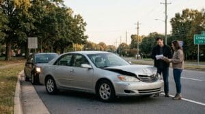 two people reviewing documents beside rear-end collision damaged Toyota sedan on road