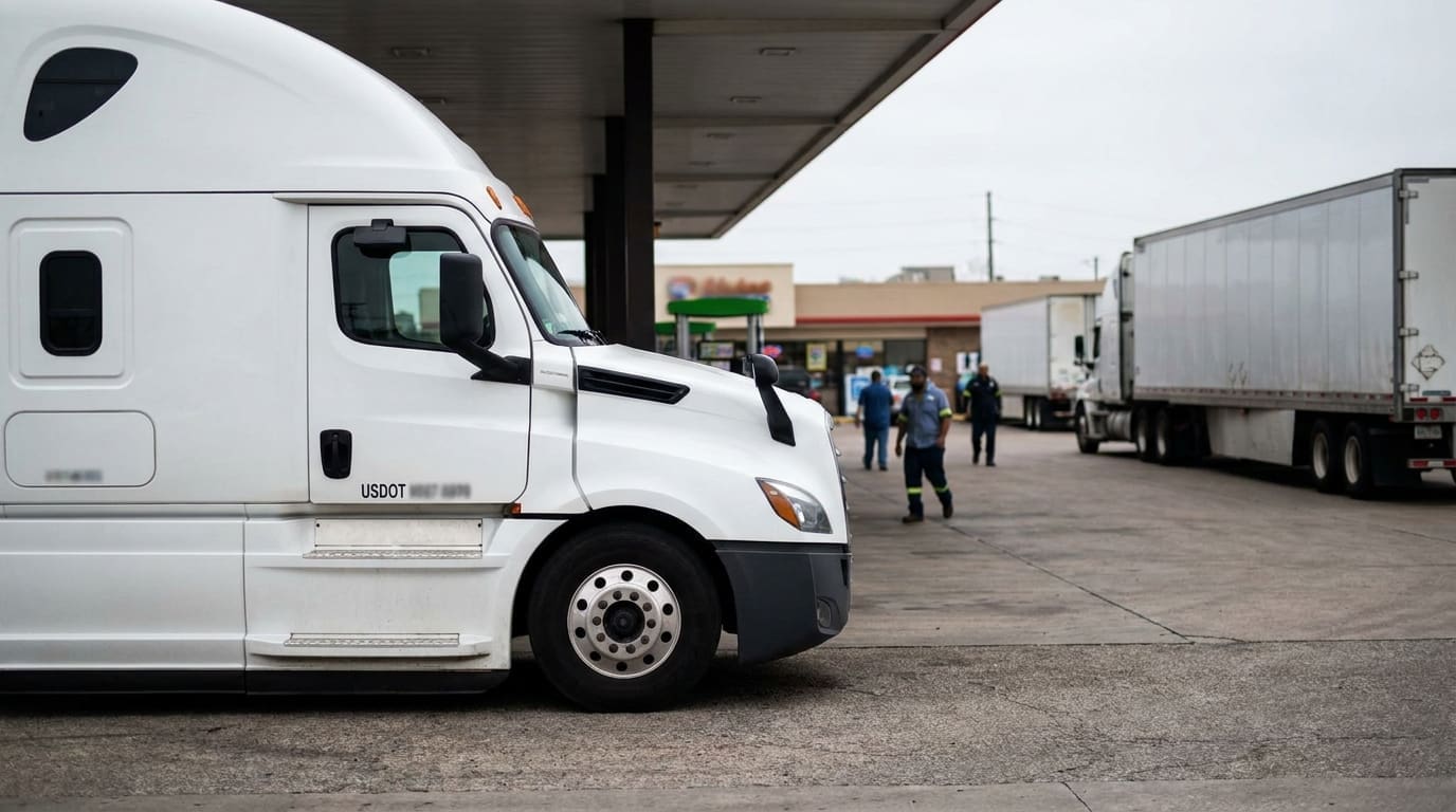 USDOT-labeled semi-trucks parked at commercial truck stop with drivers walking nearby