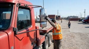 worker in safety vest inspecting side mirror of commercial flatbed truck at freight yard