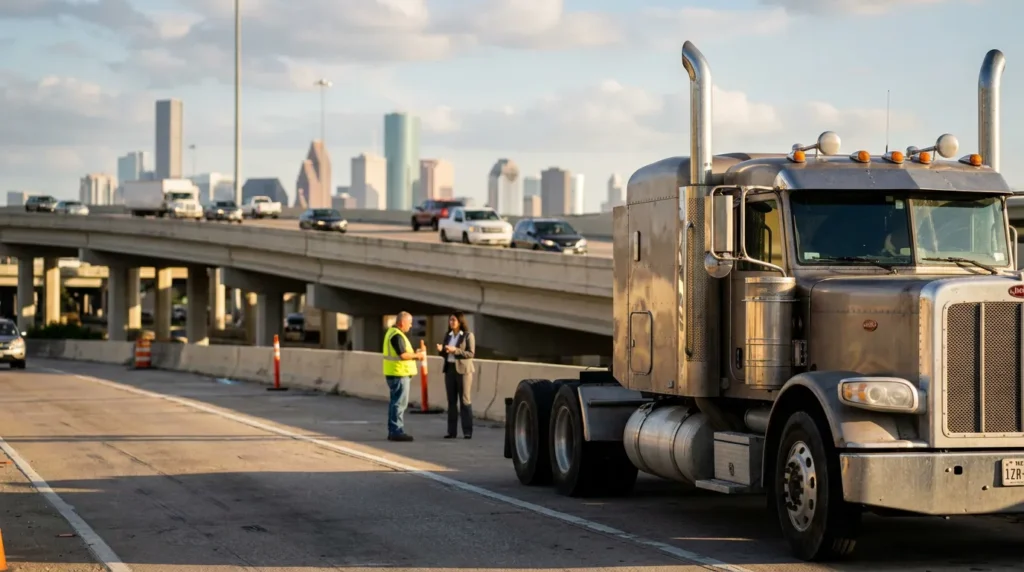 semi-truck stopped on highway as two people confer near traffic cones