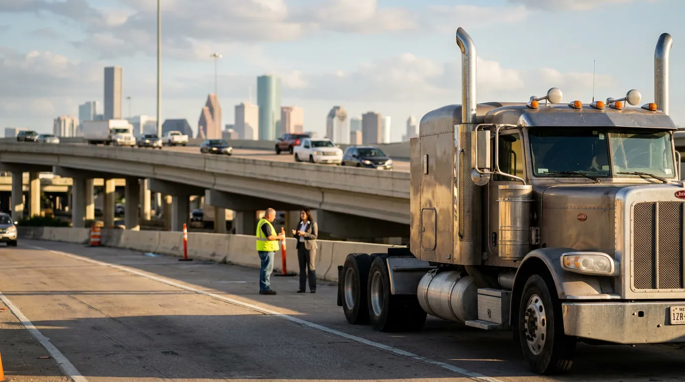 semi-truck stopped on highway as two people confer near traffic cones