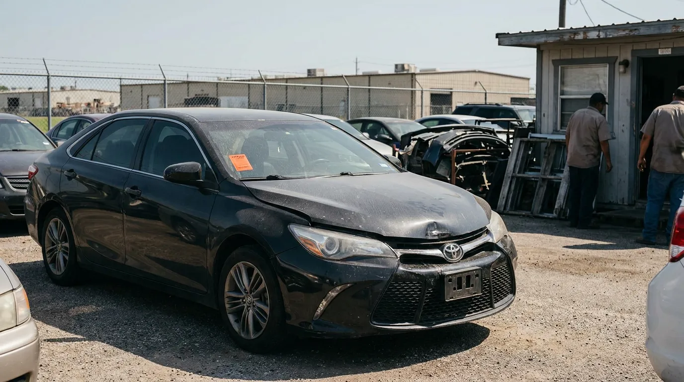 damaged Toyota sedan with orange sticker tag parked at salvage yard