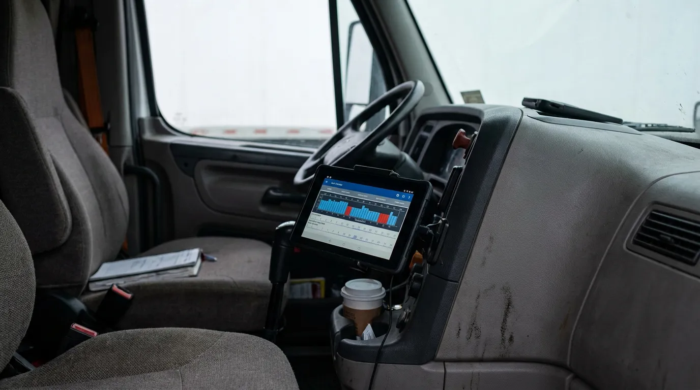 tablet mounted on commercial truck dashboard displaying electronic logging device data charts