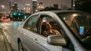 Charlotte Hit and Run Accident Lawyer - Payne Law Firm man slumped asleep in parked car at night with navigation app visible on phone