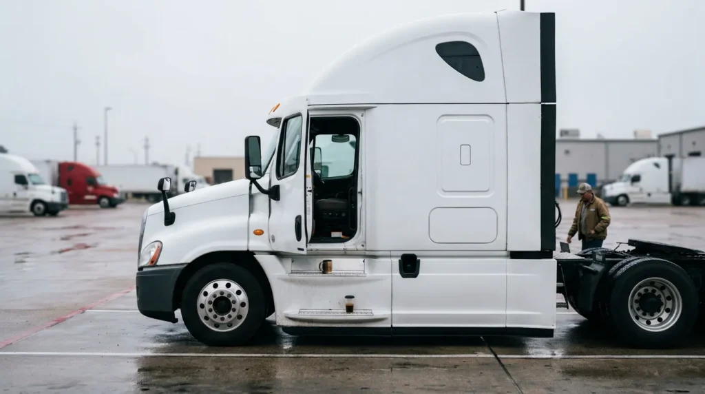 semi-truck with open cab door parked at commercial trucking facility with driver nearby