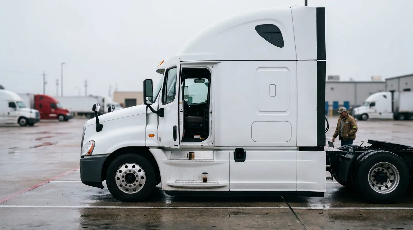 semi-truck with open cab door parked at commercial trucking facility with driver nearby