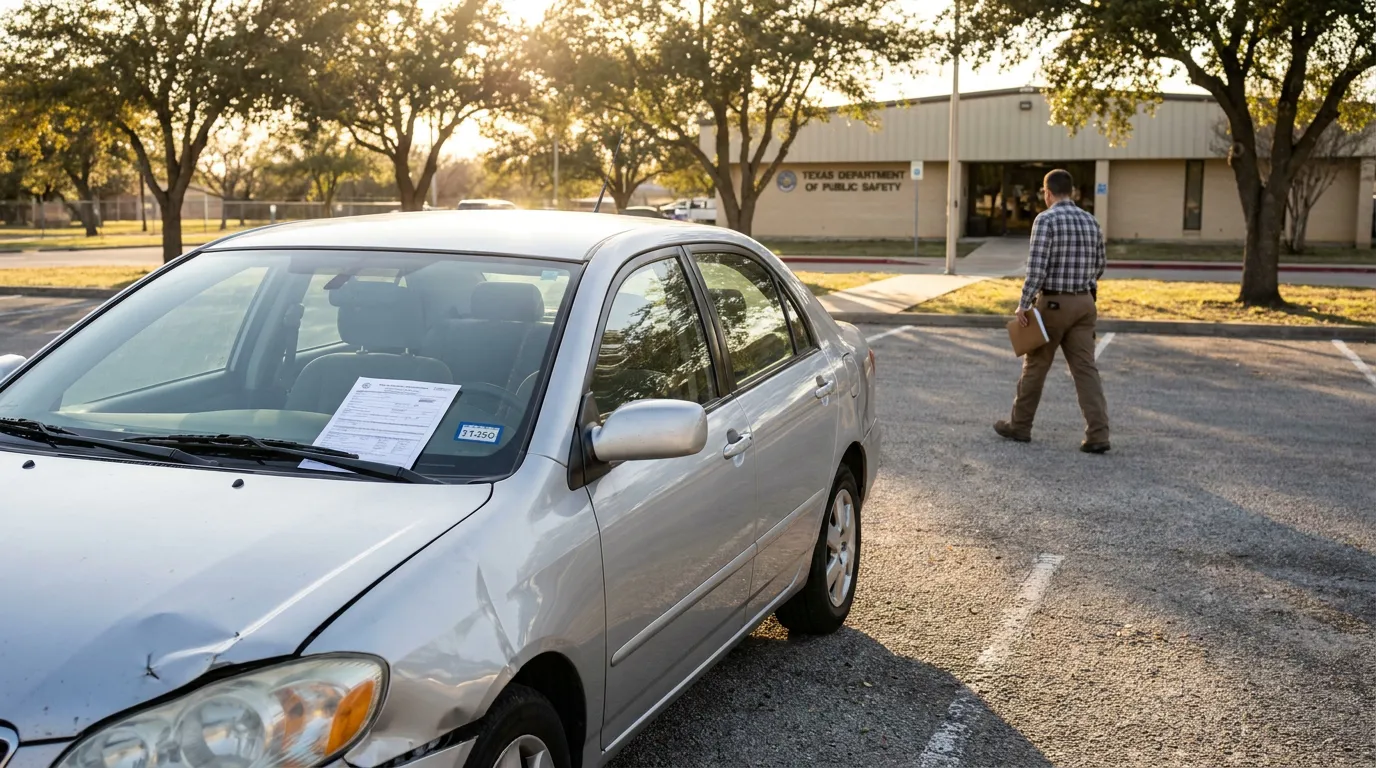 damaged sedan with documents on windshield parked outside Texas Department of Public Safety building