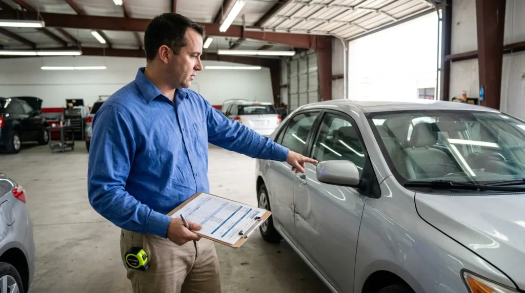 man holding clipboard pointing at sedan door damage inside auto repair shop
