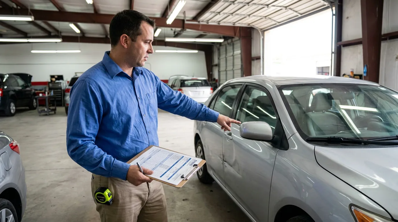 man holding clipboard pointing at sedan door damage inside auto repair shop