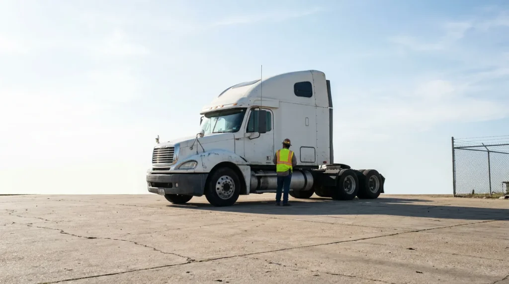 worker in safety vest and hard hat standing beside semi-truck cab