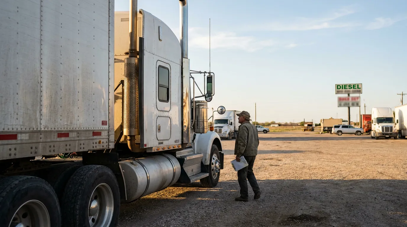 truck driver holding clipboard inspecting semi-truck at diesel fuel stop