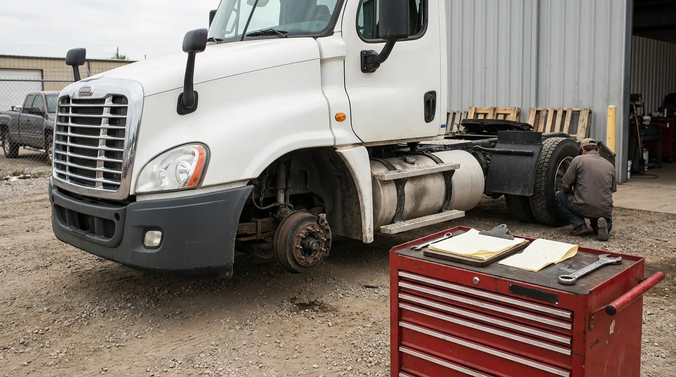 mechanic inspecting semi-truck wheel beside tool chest with documents outdoors