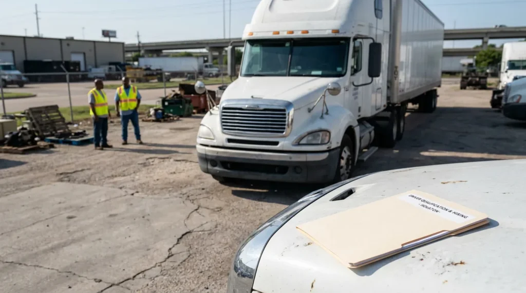 Driver Qualification and Hiring folder on vehicle roof at commercial trucking yard