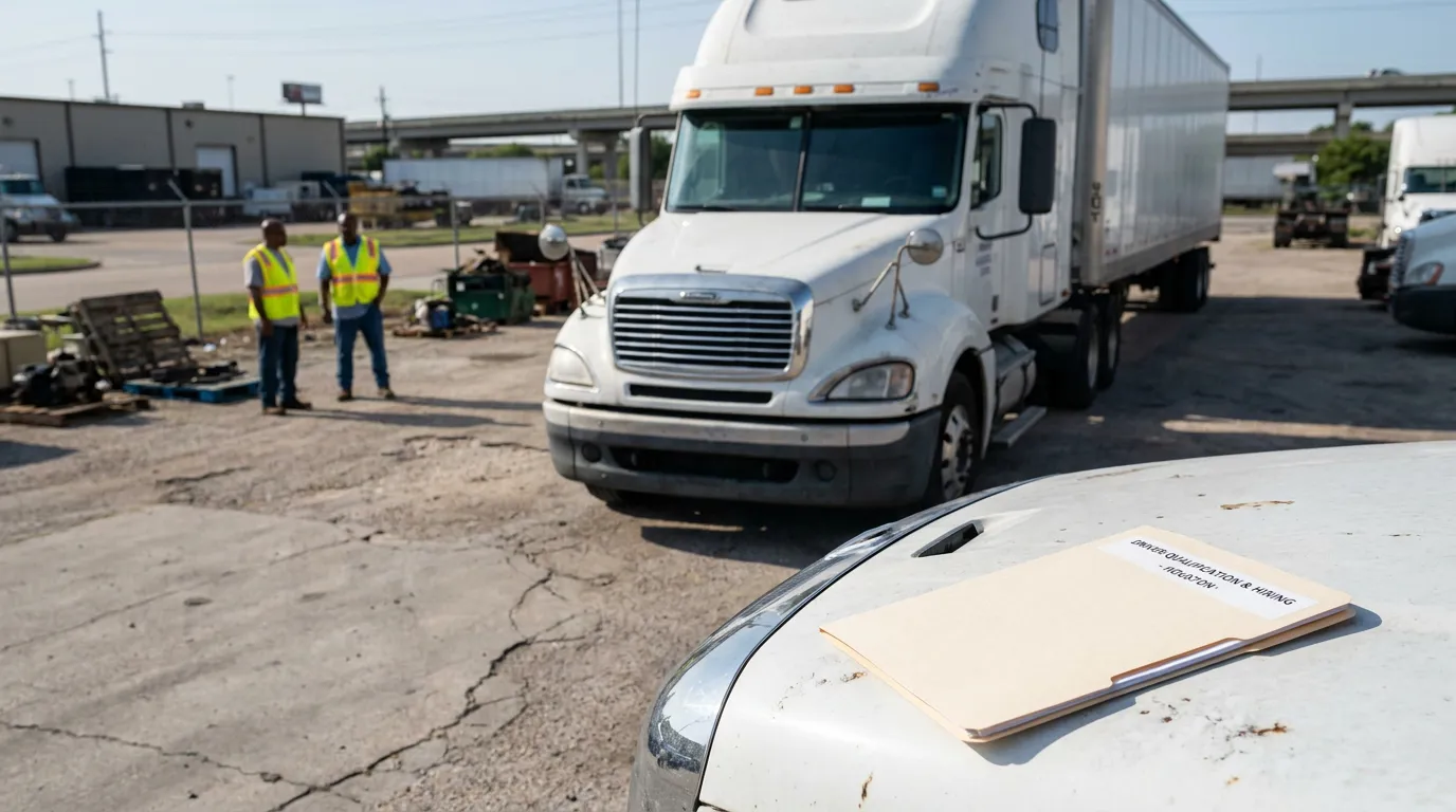 Driver Qualification and Hiring folder on vehicle roof at commercial trucking yard
