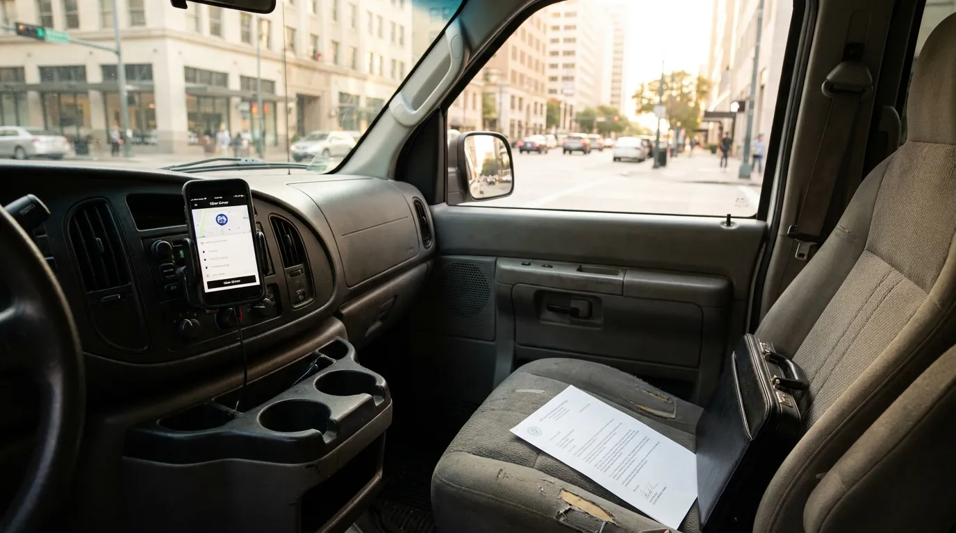 Uber Driver app on mounted phone inside van with signed document on passenger seat